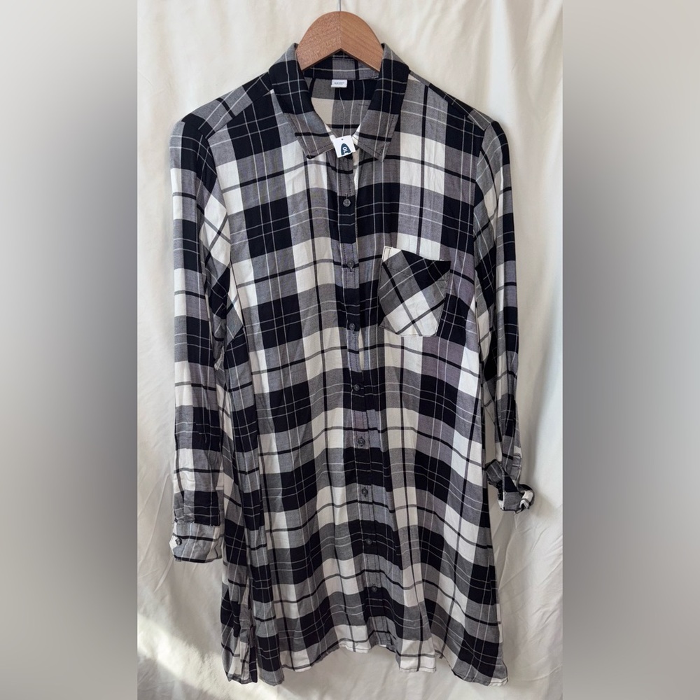 Old Navy Women’s Black/White Plaid Long Sleeve Button Cuff Shirt Dress Size  L